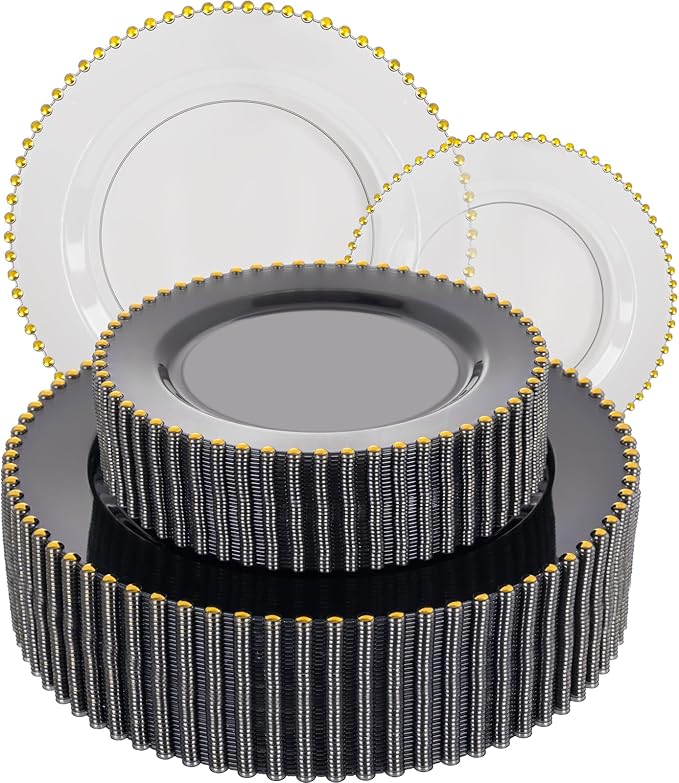 EI 60pcs Clear Black and Gold Plastic Plates Disposable Plates Heavy Duty,10.25" Dinner & 7.5" Dessert Clear Black Plate Perfect Wedding,Party,Birthday,Anniversary,Business Events