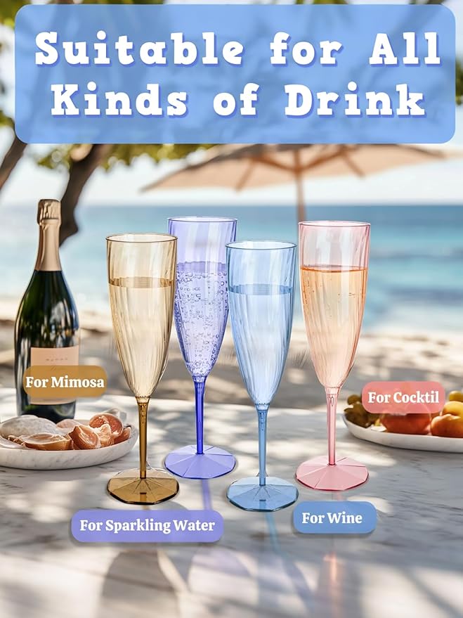 WDF 12PCS Colorful Plastic Champagne Flutes - 6 OZ Colorful Disposable Champagne Flutes - Perfect for Wedding Parties Birthday Valentines Day
