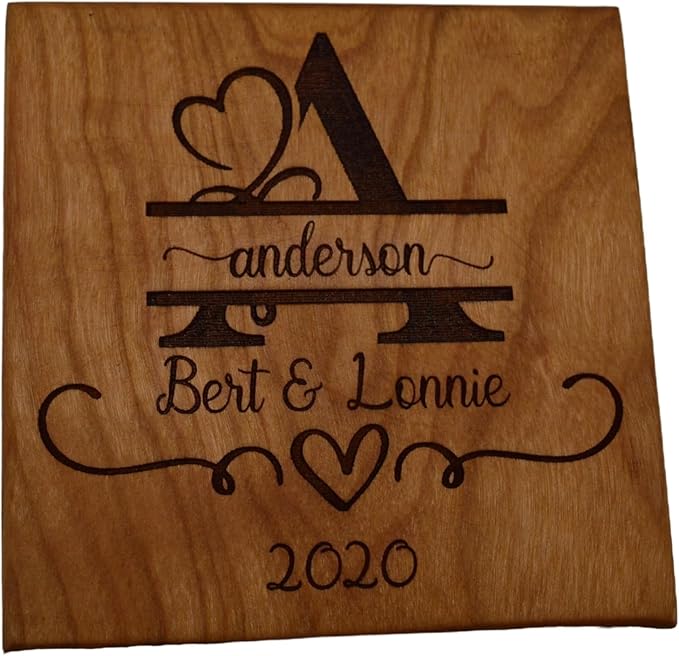 Personalized Wooden Coasters with Monogram, Wedding Date Engraved, Family Name- Choice of Wood (Wedding Couple)