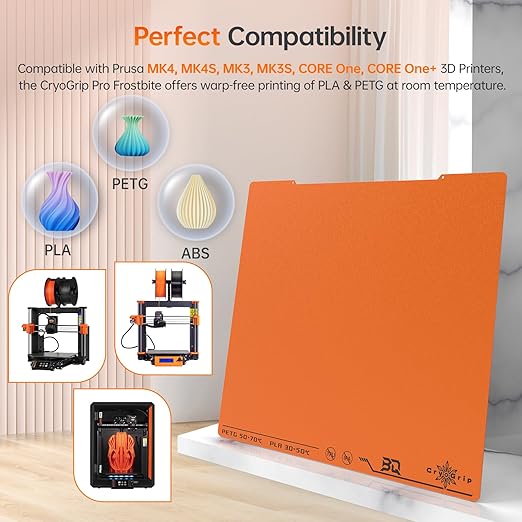 BIQU CryogripPro Frostbite Matte Orange Cold Build Plate for Prusa MK4/MK4S/MK3/MK3S/CORE One/CORE One+ 3D Printers 254.5x241.5MM Double-Sided Upgrade Room Temperature Print Removable Surface Platform