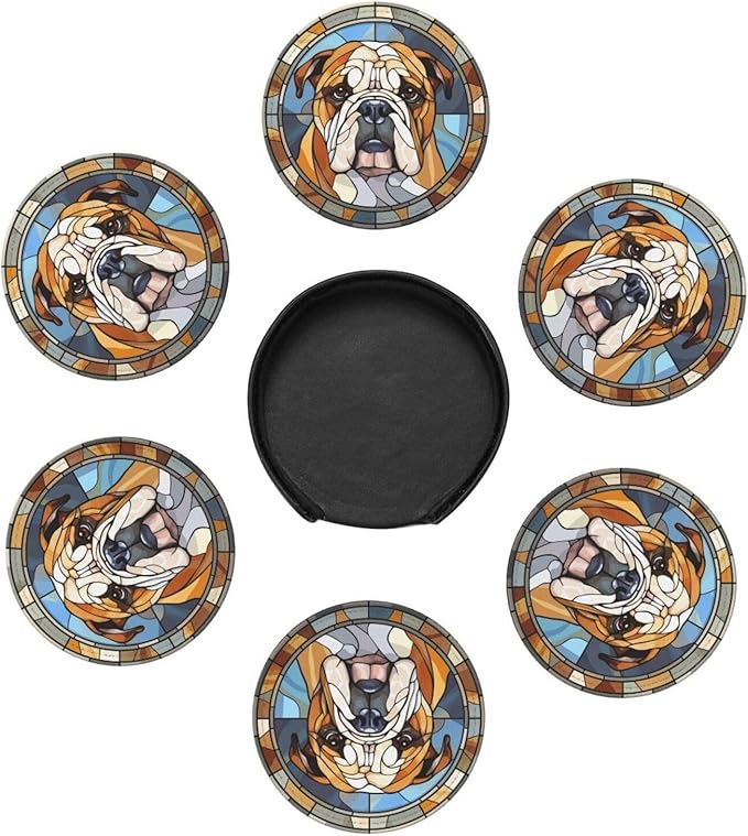 Drink Coaster Set of 6, Bulldog Dog Mom Lover Gift,Leather Drink Coasters with Holder,6 Pack Cup/Bar/Drink Coasters for Table/Drinks/Coffee Protection Housewarming Gift