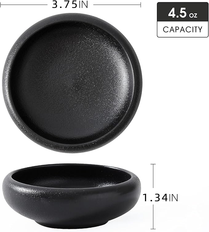 Uaral Soy Sauce Dishes Sushi Dipping Bowl Pinch Bowl Stoneware Black Small Serving Dish Set 3.75 Inch(4.5 oz,Texture Black)
