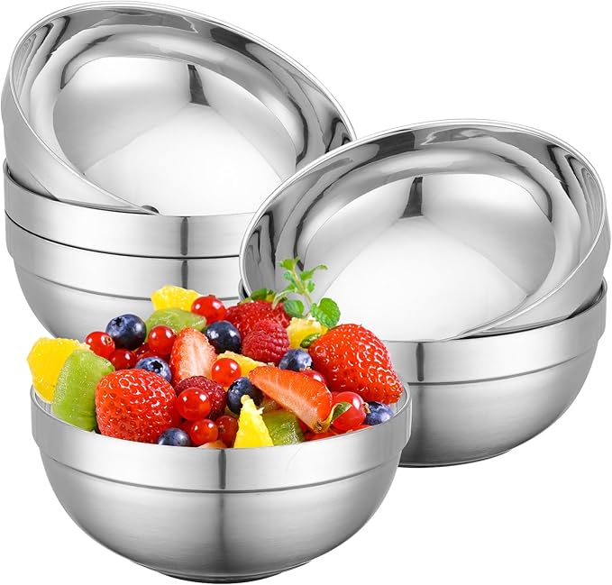 Stainless Steel Bowls, 6 Pack 5.9in 20.6oz 610ml Medium SUS304 Double Wall Insulated Stackable Metal Cereal Bowl Containers for Dishes Eating Serving Snacks Ice Cream Soup Food Rice Salad