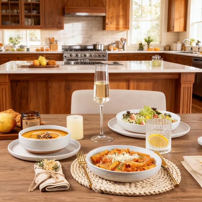 AmorArc Ceramic Dinnerware Sets with Pasta Bowls for 8, Handpainted Plates and Bowls Set with Rustic Terracotta Underside, Scratch Resistant Dishes Set, Dishwasher & Microwave Safe, 32 Pcs