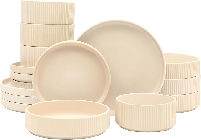 Gibson Elite Deerfield 16-Piece Stoneware Dinnerware Set – Cream White Reactive Glaze Plates and Bowls, Stackable Design, Service for 4 – Dishwasher & Microwave Safe