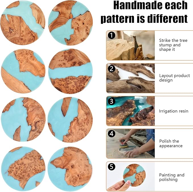 Resin Wood Coaster Set of 8 - Handmade Epoxy Coasters with Holder, Mountain Sea Design for Coffee Table Protection & Home Decor