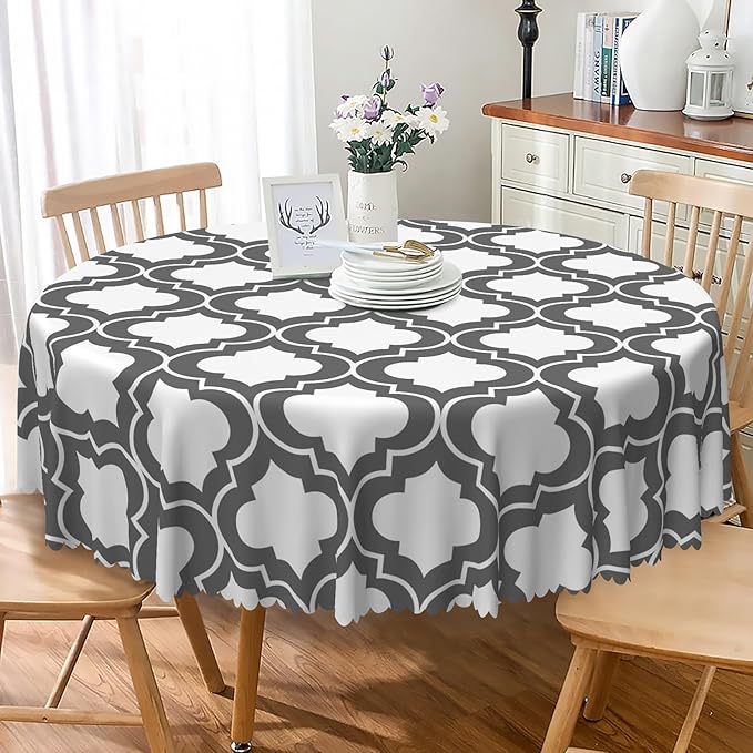 Laeacco 24 Inch Morocco Round Tablecloth Grey White Geometric Lattice Modern Abstract Art Print Table Cloth Washable Waterproof Wrinkle Free Table Cover for Kitchen Dining Picnic Party Decoration