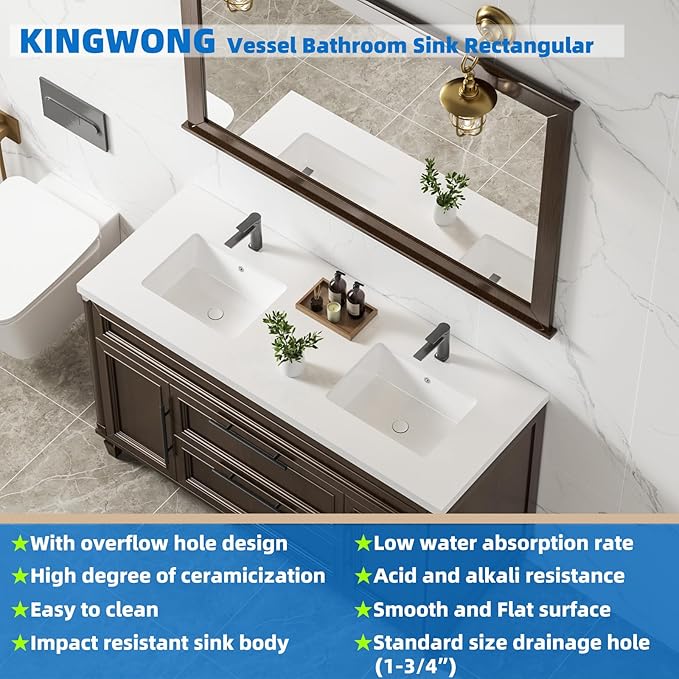 18 Inch White Rectangle Vessel Sink for Bathrooms 18.3" x 13.78" Small Undermount Bathroom Sink Ceramic Porcelain Under Counter Basin Sink with Overflow 465mm x 350mm Lavamanos Para Baños KINGWONG