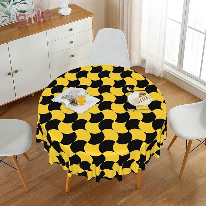 Laeacco 24 Inch Geometric Round Tablecloth Black and Gold Abstract Pattern Modern Art Print Table Cloth Washable Waterproof Wrinkle Free Table Cover for Kitchen Dining Picnic Party Decoration