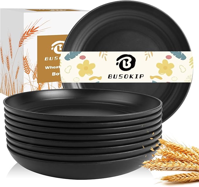 Wheat Straw Plates Set of 8, 9 Inch Dinner Plate for Camping, Picnic, Unbreakable Plastic Plates Reusable, Microwave & Dishwasher Safe Kitchen Plate for Breakfast, Lunch (Black)