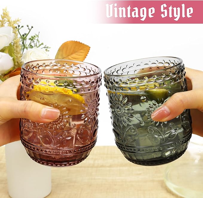 Topsky Vintage Drinking Glass Set of 6,12 oz Embossed Floral Decorative Glassware Set,Glass Cups Wine Glasses Beverages Tumblers Colored Glassware for Whisky,Beer,Juice,Cocktail,Heavy Duty