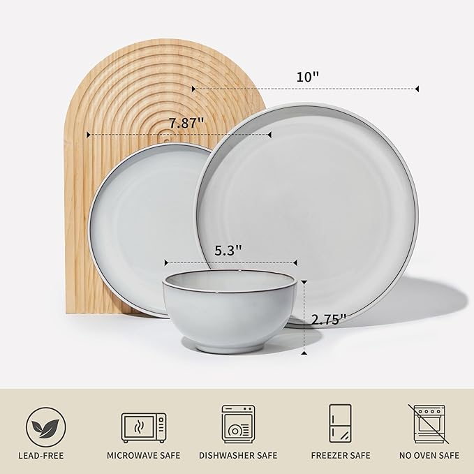 18 Piece White Stoneware Dinnerware Set for 6, Santorini Mist Terracotta Plates and Bowls with Reactive Glaze, Microwave & Dishwasher Safe, Aesthetic Ceramic Dishes for Family Meals & Hosting