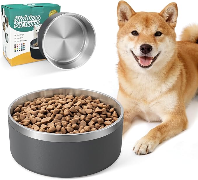 IKITCHEN Dog Bowl for Food and Water, 40 Oz Stainless Steel Pet Feeding Bowl, Durable Non-Skid Insulated Heavy Duty with Rubber Bottom for Medium Large Sized Dogs (40 Ounces/5 Cup, Grey)