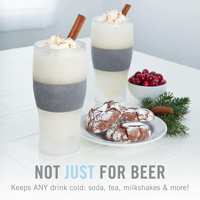 HOST Freeze Beer Glasses, 16 ounce Freezer Gel Chiller Double Wall Plastic Frozen Pint Glass, Set of 4, Black and Grey