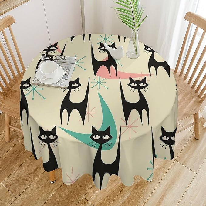 Mid Century Colorful Modern Cat Round Tablecloth, Medieval Bohemian Abstract Animal Tablecloth for Home Party Dining Room Kitchen Decor 70Inch(178cm)