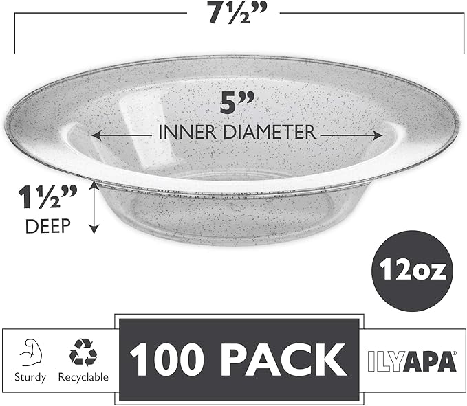 Ilyapa 100 Pack 12 ounce Silver Plastic Bowls, 12 oz Heavy Duty Disposable Plastic Bowls, 12oz Salad, Soup and Dessert Bowl, Wedding, Party Brunch, Silver Glitter