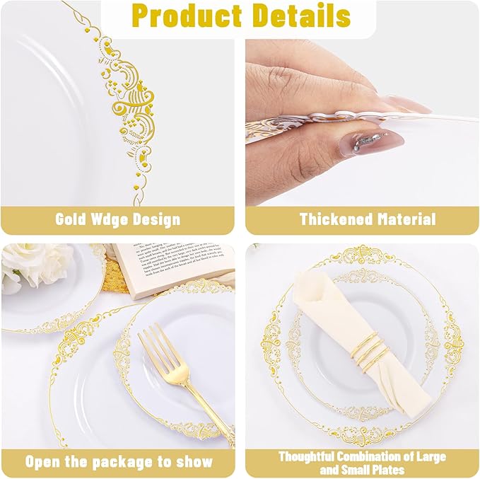 102PCS White and Gold Plastic Plates - Heavy Duty Gold Disposable Plates Include 51PCS 7.5inch Dessert Plates, 51PCS 10.25inch Dinner Plates for Wedding & Parties