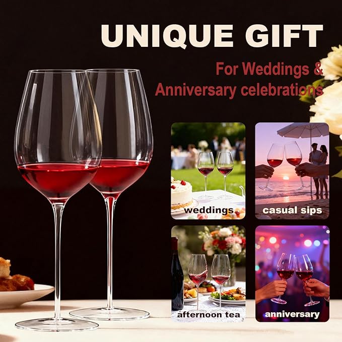 Red Wine Glasses Set of 4, 22oz, Hand Blown Premium Crystal Wine Glasses, red Stem,Thin Rim, Perfect for Red or White, Daily Use,Unique Wedding Anniversary or Birthday Gift
