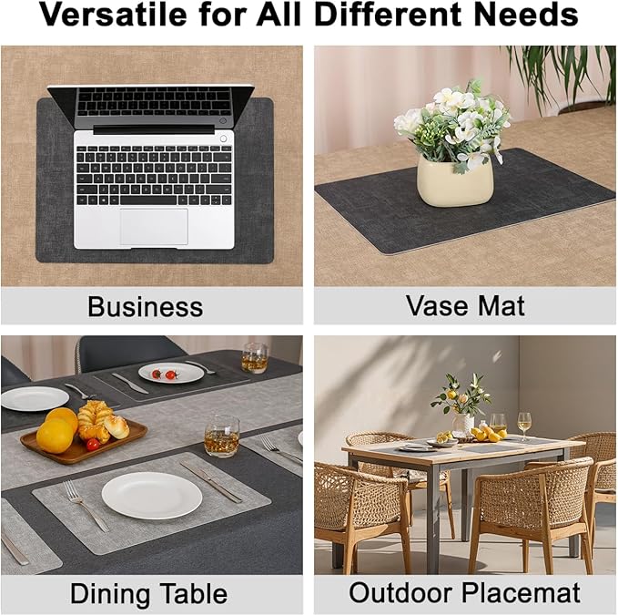 Myir JUN Reversible Vinyl Placemats Set of 4, Faux Leather Place Mats Dual Sided Waterproof Oilproof Wipeable, Heat-Resistant Table Mats for Kitchen Dining Indoor Outdoor (12" x 17", Light Gray Gray)