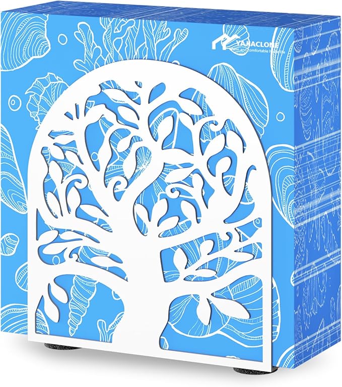 YAJIACLONE Tree of Life White Metal Napkin Holder, Upright Metal Tabletop Napkin Holder for Kitchen Countertop & Dining Table.