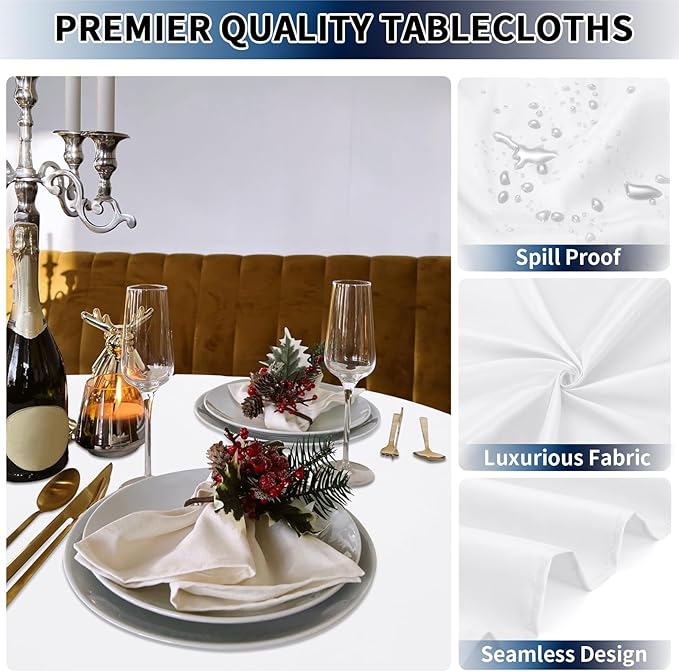 PureFit 6 Pack Round White Table Cloths 120 Inch for Round Tables, Stain and Wrinkle Resistant Table Linens for Home Use, Wedding, Party, Banquet and Camping