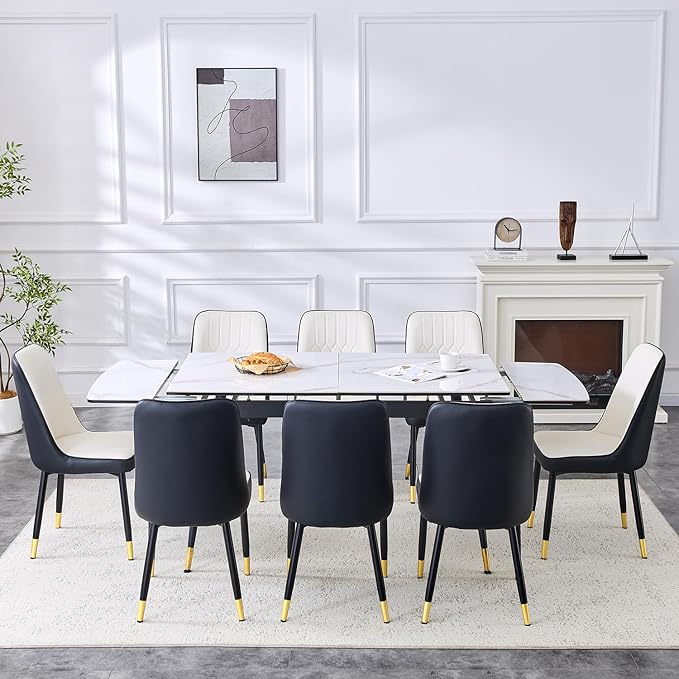 Extendable Dining Table Set for 8, 55'' to 78.8'' Rectangular Thickened Sintered Stone Kitchen Table with 8 Upholstered Chairs, Modern Space Saving 9-Piece Dinner Table Set
