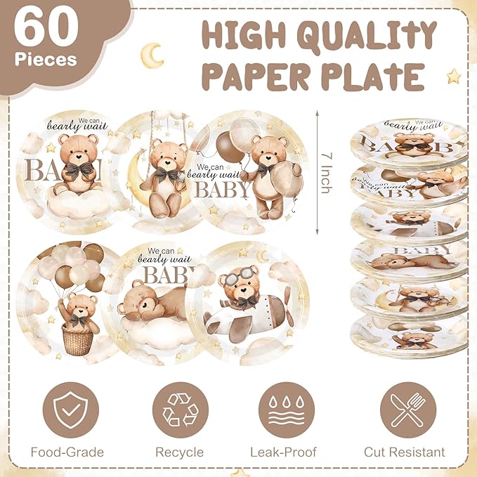 60 Pcs Bear Baby Shower Decorations 7 Inch Brown Bear Paper Plates We Can Wait Party Supplies Gender Reveal Plates for Brown Baby Shower Birthday Party