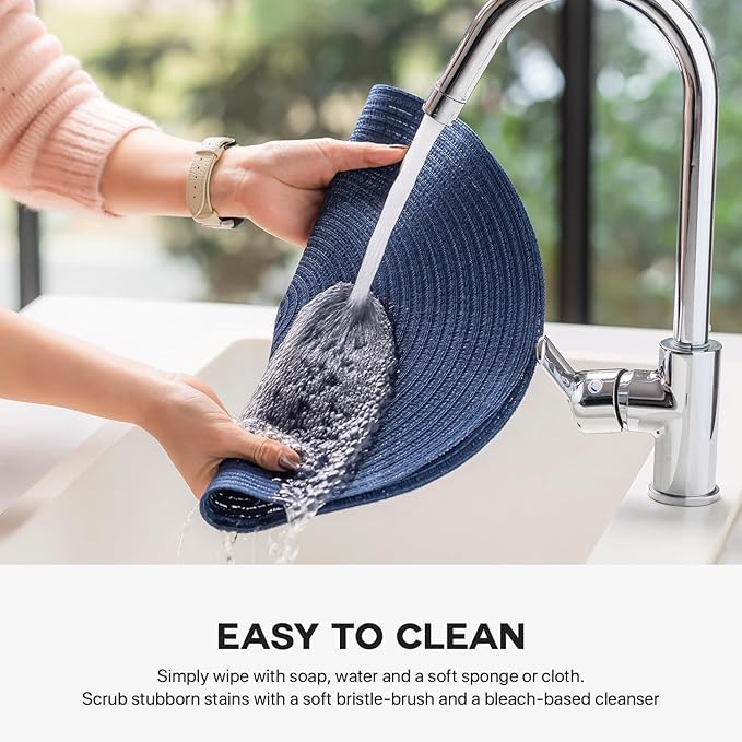 Round Placemats Set of 6 Woven Placemats Washable Braided Table Mats for Dining Table Heat Resistant Non-Slip Circle Place Mats(Navy Blue)
