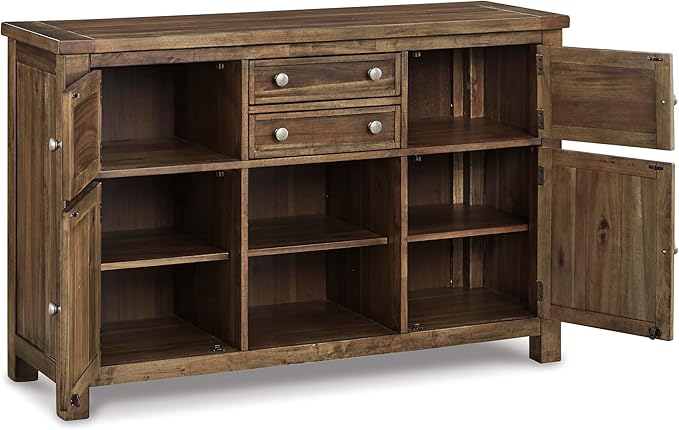 Signature Design by Ashley Moriville Vintage Casual Dining Room Buffet or Server with 4 Cabinets & Center Display Shelf, 2 Drawers, Wood, 56" Wide, Brown