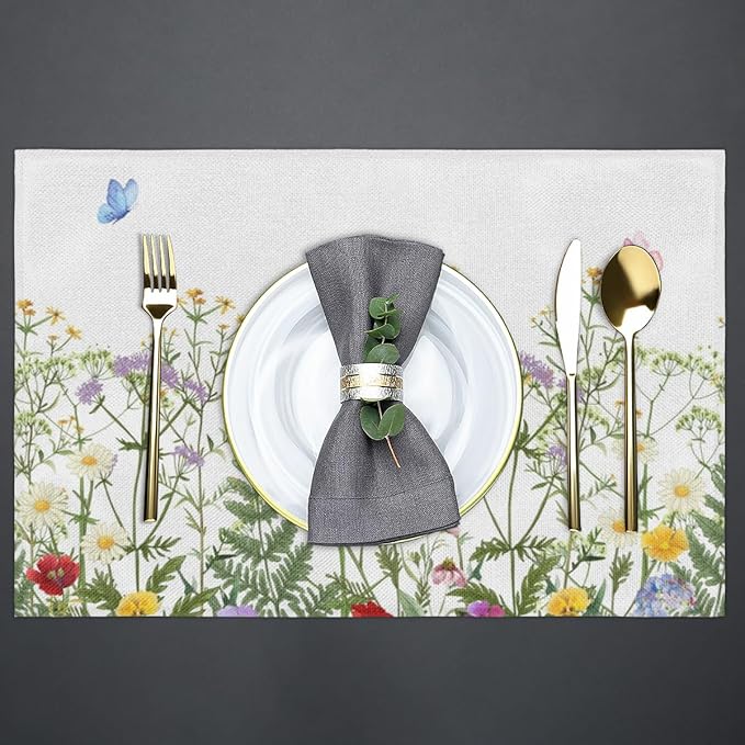 Spring Wildflowers Placemats Set of 4, Washable Elegant Placemats, Non-Slip Table Rectangle Linen Place Mats for Kitchen Dining Party Home Indoor Table Decor, Forest Style Home Decoration