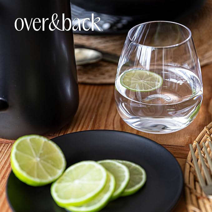 over&back 18oz Traditional Glassware - Set of 4 Classic Stemless Drinking Glasses for Parties, Get-togethers, and More - Mouth-Blown - Wine Cups for Kitchen and Dining Room - Clear