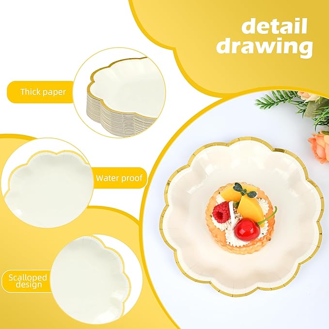 24 Pcs Beige Party Plates Cream Dessert Paper Plates 7inch Gold Foil Scalloped Edge Disposable Cake Plates for Birthday Bridal Baby Shower Wedding Party Supplies