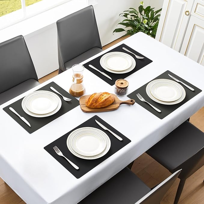 MOSAYT Vinyl Placemats Set of 8, Heat Resistant Place Mats 100% Waterproof Washable & Wipeable Faux Leather Reversible Table Mats for Kitchen Dining Party Indoor Outdoor, 12" x 17", Grey/Black