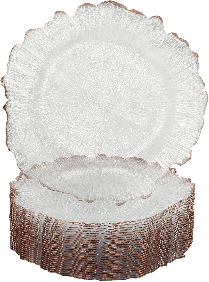 LOYALHEARTDY 25 Pack 13 Inch Charger Plates, Clear Plastic Reef Rim Charger Plates with Rose Gold Rim, Round Decorative Underplates for Wedding, Party, Dinner Table