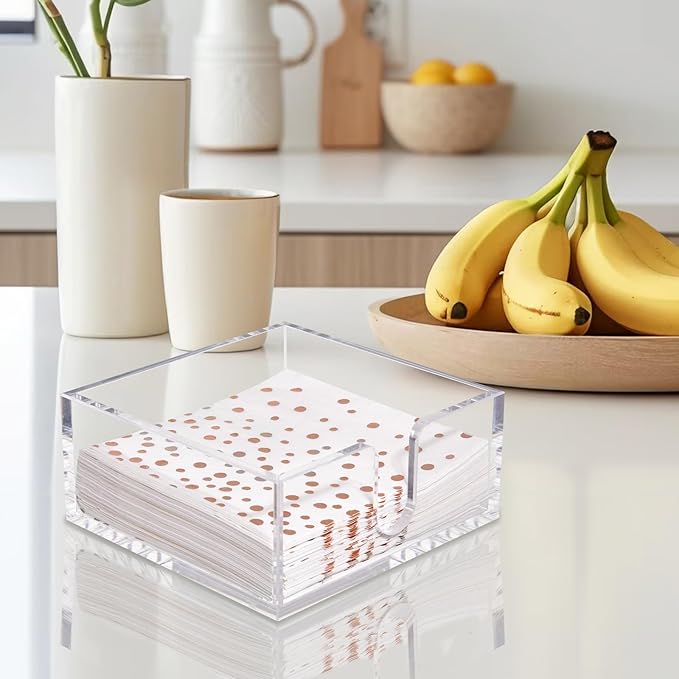 Rubtlamp 2 Pack Napkin Holder, Clear Acrylic Napkin Holder, 5.5x5.5x2.6 Inch Square Cocktail napkin holder, Plastic Napkins holder Great for Table Bathroom,Kitchen, Dinners for Mothers Day