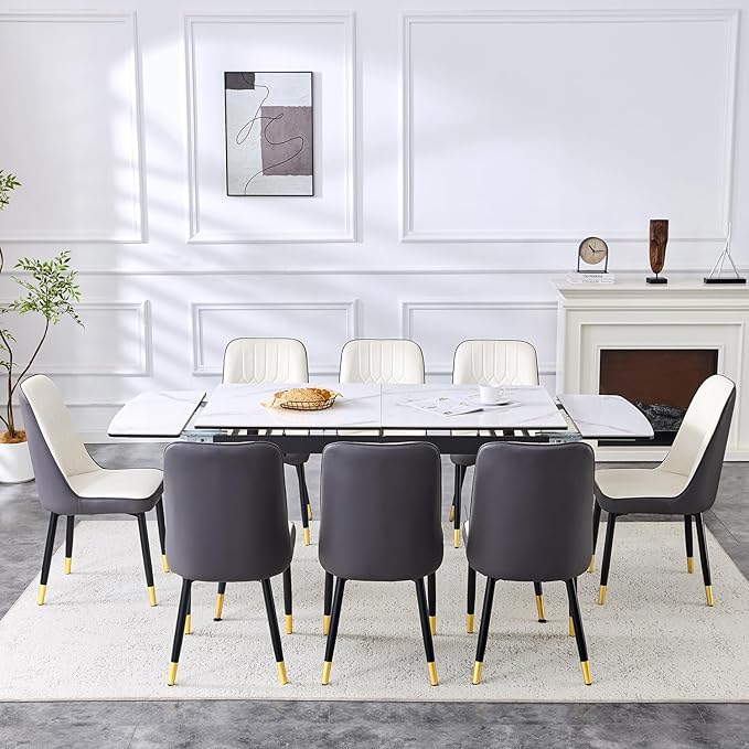 Extendable Dining Table Set for 8, 55'' to 78.8'' Rectangular Thickened Sintered Stone Kitchen Table with 8 Upholstered Chairs, Modern Space Saving 9-Piece Dinner Table Set