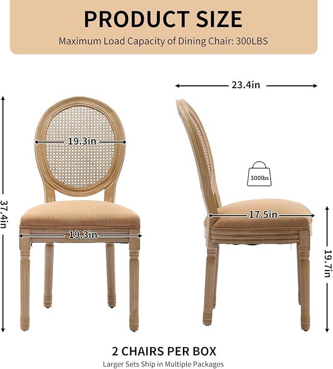 Vintage French Rattan Dining Chairs Set of 8, Round Back Accent Chairs with Rattan Backrest and Upholstered Linen Seat, Solid Wood Frame Sillas de Comedor for Dining Room & Kitchen, Camel