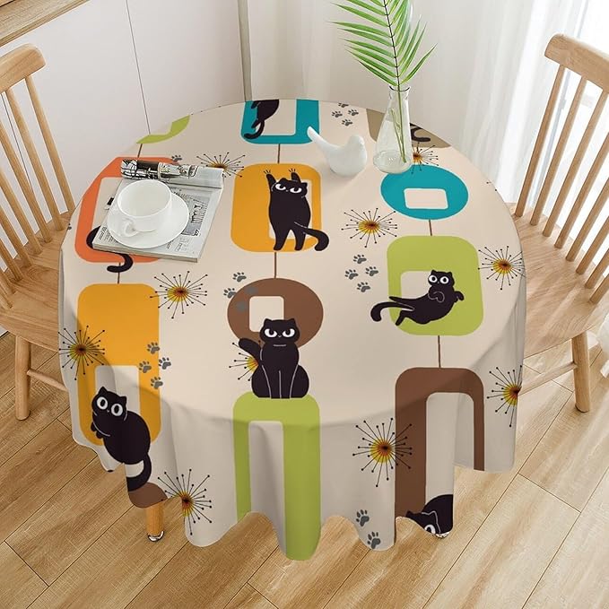 Bohemian Black Cat Round Tablecloth, Rustic Vintage Mid Century Geometric Tablecloth for Home Party Dining Room Kitchen Decor 36Inch(90cm)