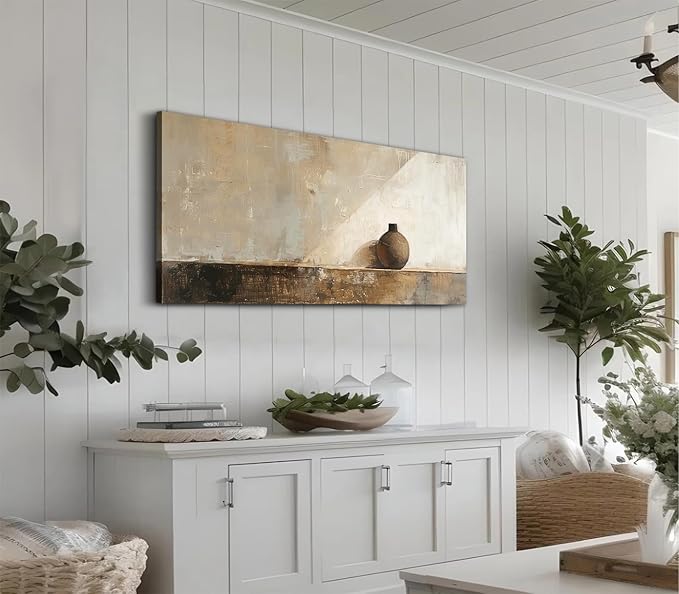 ADJUVANT Wall Art Minimalist Neutral Vase Painting 60" L x 30" W, Earth Tone Canvas Artwork Prints Simple Pottery Pictures Contemporary Rustic Wall Decor for Living Room Bedroom
