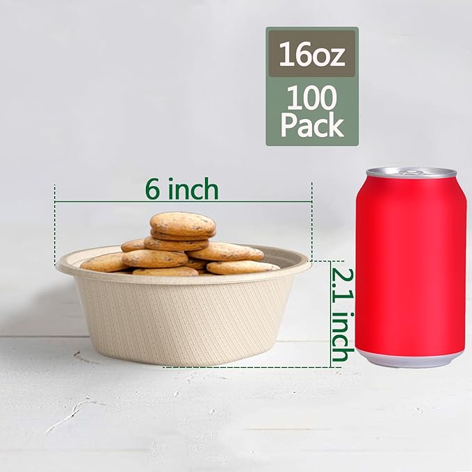 Homestockplus 16 Oz Disposable Paper Bowls - Heavy Duty Small Disposable Bowls - Made from Natural Bagasse for Cereal, Rice, French Fries - Convenient and Compostable [100/Pack]