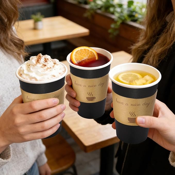 50 Pack 16 oz Disposable Coffee Cups with Lids, Paper Hot Coffee Cups with Sleeve and Straw, To Go Cups for Home, Office, and Party (Black 16oz)