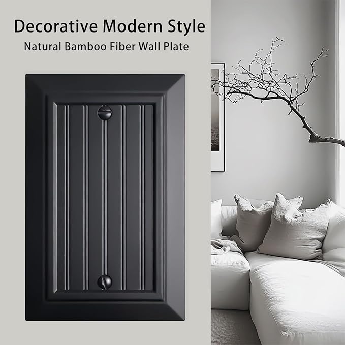 Beadboard Outlet Covers Wall Plates, Bamboo Fiber Light Switch Covers, Natural Material Electric Receptacle Decorative Switch Plate Outlet Cover Matte Black (1 Gang Blank 4 Pack)