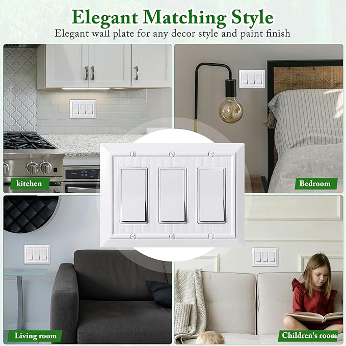 Beadboard Outlet Covers Wall Plates, Bamboo Fiber Light Switch Covers, Natural Material Electric Receptacle Decorative Switch Plate Outlet Cover (Pure White, 3 Gang Decorator 1 Pack)