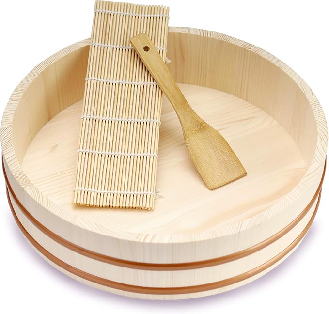 Kichgather 14.2 Inch Wooden Sushi Rice Bowl Hangiri Sushi Oke Rice Mixing Tub (3 pieces)