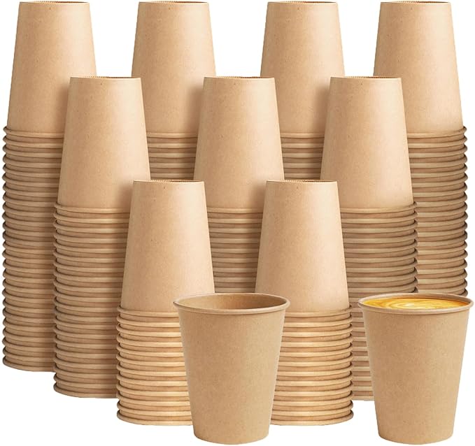 200 Pack 10 oz Kraft Paper Cups, Disposable Paper Coffee Cups, Brown Unbleached Drinking Cups for Hot/Cold Beverage, Home, Party, Cafes, Office, Bistros, Businesses