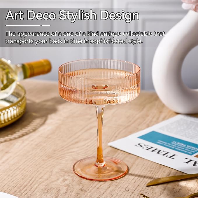 Light peach 9 oz Vintage Art Deco Coupe Glasses Set of 6 Ribbed martini Glasses |Vintage Cocktail Glasses Set,Unique Colored Coupe Glass, Classic Cocktail Glassware