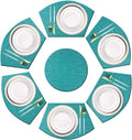 PIGCHCY Wedge Shaped Placemats Set of 6 with Centerpiece Round Mats Washable Kitchen Placemats Heat-Resistant Table Mats (Teal Blue)