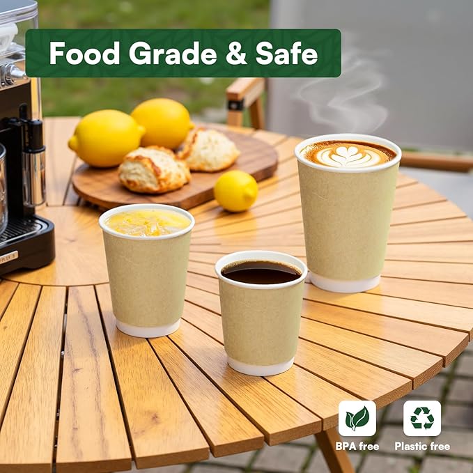 12 oz Hot Cups Compostable Coffee Cups -120 Pack Double Wall Paper Cups, BPI Certified PLA Coated Compostable Cups, Natural Kraft To-go Disposable Coffee Cups for Office Coffee Bar To Go Travel