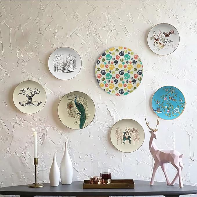 Ceramic Display Plate, Dog Lover Ceramic Hanging Decorative Plate, Cute Hand Drawn Paw Print Doodles, 7 Inch, Living Room Kitchen Decoration Household, Multicolor