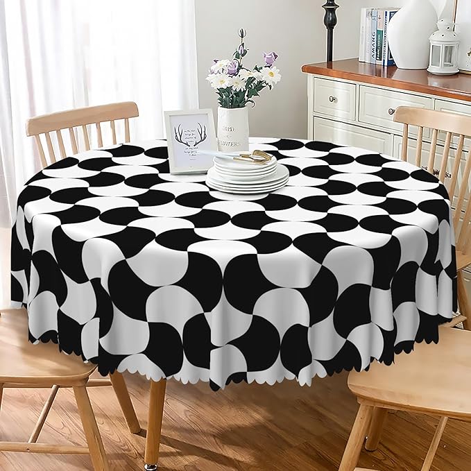 Laeacco 54 Inch Geometric Round Tablecloth Black and White Abstract Pattern Modern Art Print Table Cloth Washable Waterproof Wrinkle Free Table Cover for Kitchen Dining Picnic Party Decoration